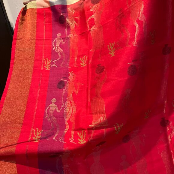 Butter yellow Red Cotton Silk Saree with Tribal Motif diwali pastel haldi - Picture 13 of 17